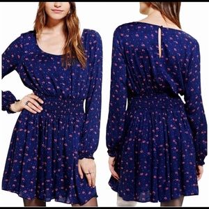 Kimchi Blue Blue Long Sleeve Dress With Pink Flowers